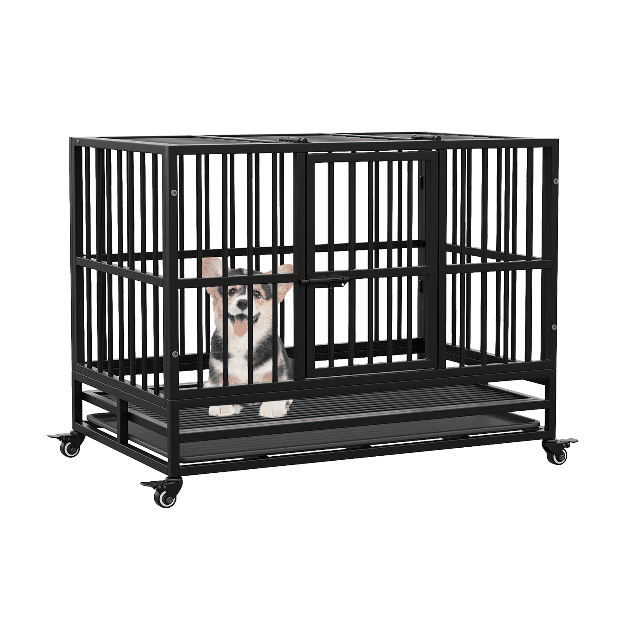 Image showcasing 37 Inches Folding Dog Crate with Wheels, Heavy Duty Metal Dog Kennel ...