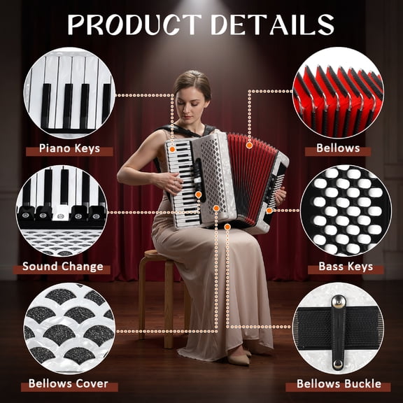 37 Key 96 Bass Accordion for Adults: Professional Accordion Instrument - Beginners & Advanced Players Musicians Gifts for Practice, Live Performance, Includes Adjustable Strap & Backpack