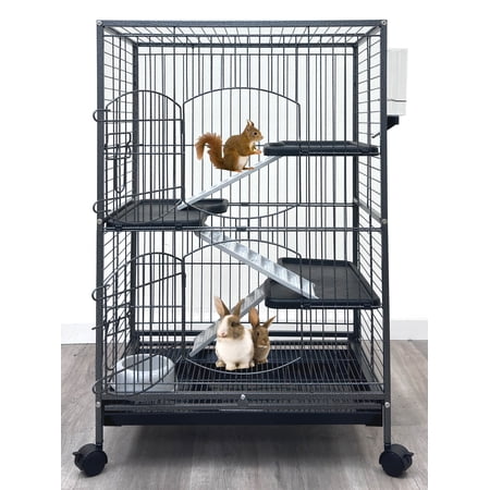 37" Large 4-Solid Levels Small Animals Hutch Paw Safe Solid Platform and Anti-slip Ladder for Guinea Pig Rabbits Ferret Chinchilla Hedgehog Squirrel Cats Rolling Cage