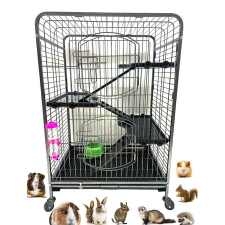 37" Large 4-Solid Levels Small Animals Hutch Paw Safe Solid Platform and Anti-slip Ladder for Guinea Pig Rabbits Ferret Chinchilla Hedgehog Squirrel Cats Rolling Cage