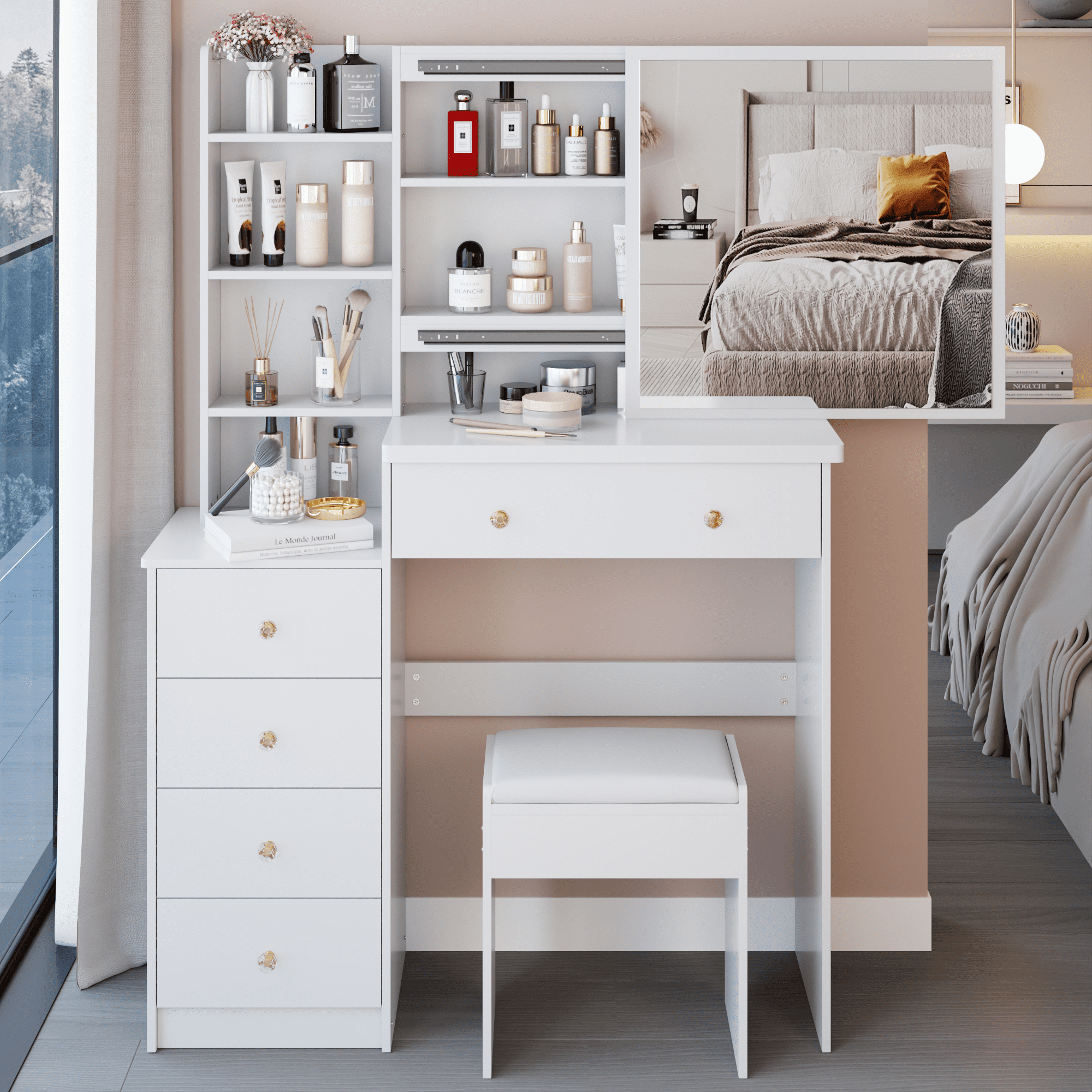 37" Large Space Dresser Set with Sliding Mirror & Stool, MDF Vanity Table with Multi-Layer Storage, American Design for Bedroom