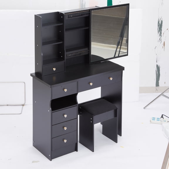 37" Left Drawer Desktop Makeup Vanity Table + Cushioned Stool, Extra Large Right Sliding Mirror, Multi Layer High Capacity Storage, Practical Fashionable Makeup Dressing Set, EPA, GCC, UL Certificate