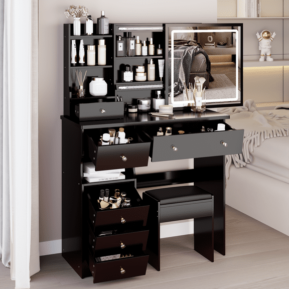 37" Left Drawer Vanity Desk Set with Stool, Sliding Touch Control LED Mirror, Large Storage Makeup Table for Bedroom