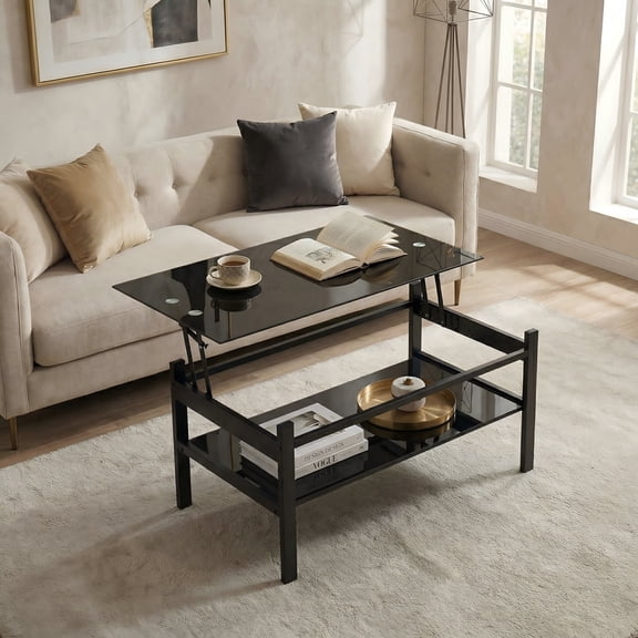 37" Lift Top Coffee Table, Tempered Glass Coffee Table with Large open Shelf, Lift Tabletop Dining Tables for Living Room, Black