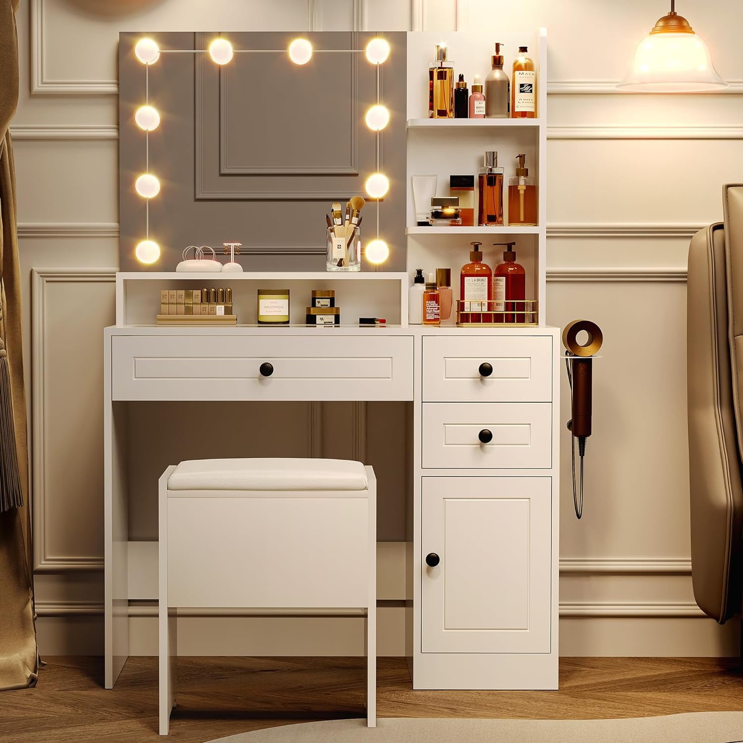 37" Makeup Vanity Desk with Lighted Mirror and Stool, Glass Top Makeup