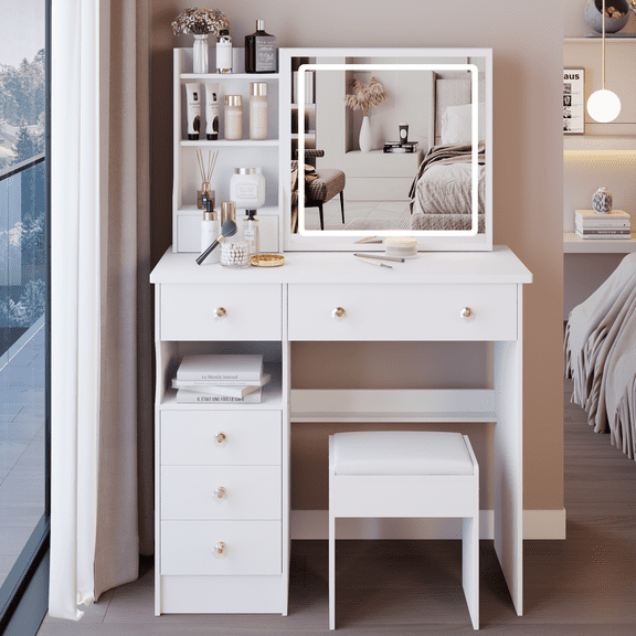 37" Mid-Size Vanity Table with Sliding LED Mirror & Stool, MDF Dresser for Medium Spaces, Tri-Color Touch Lighting & Step-by-Step Assembly Guide, White