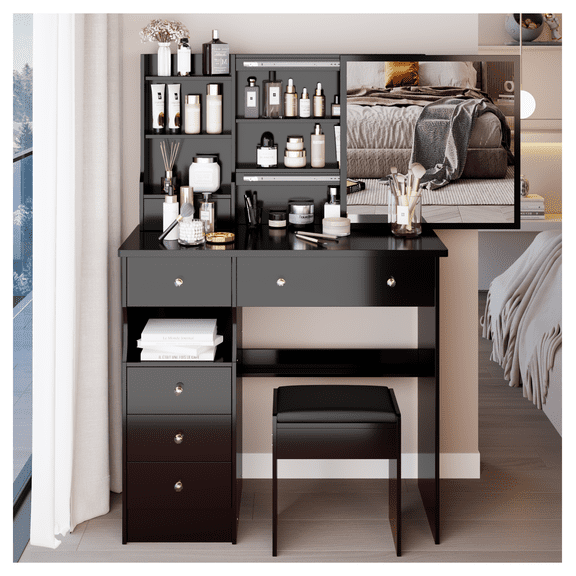 37" Middle Size Desktop Vanity Table with Cushioned Stool, Extra Large Sliding Mirror, Multi-Layer Storage, Dressing Table for Bedroom
