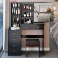 thumbnail image 1 of 37" Middle Size Left Bedside Cabinet Vanity Table & Cushioned Stool, Extra Large Right sliding mirror, Multi Layer High Capacity Storage, Practical Fashionable Dresser, Suitable For Middle Space 20266, 1 of 9