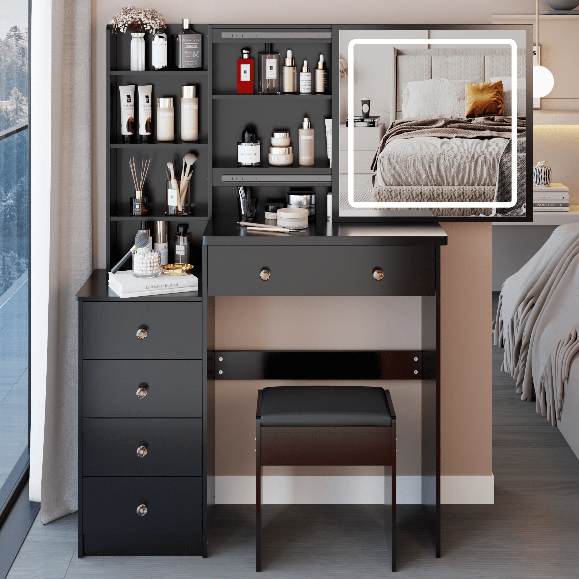 37" Middle Size Left Bedside Cabinet Vanity Table + Cushioned Stool ...