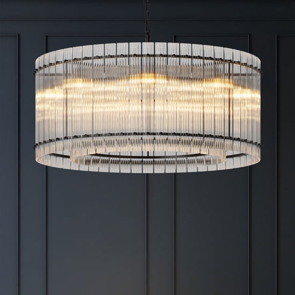 37" Modern Black Round Chandelier,2-Tier 8-Light Water Ripple Crystal Glass Chandeliers,for Dining Room,Living Room,Bedroom,High Ceiling,Foyer Entryway,Luxury Chandelier
