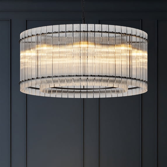 37" Modern Black Round Chandelier,2-Tier 8-Light Water Ripple Crystal Glass Chandeliers,for Dining Room,Living Room,Bedroom,High Ceiling,Foyer Entryway,Luxury Chandelier