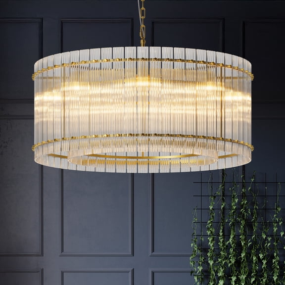 37" Modern Gold 2-Tier 8-Light Chandelier, Water Ripple Crystal Glass for Dining Room/Living Room/Foyer Entryway, High Ceiling Luxury Lighting