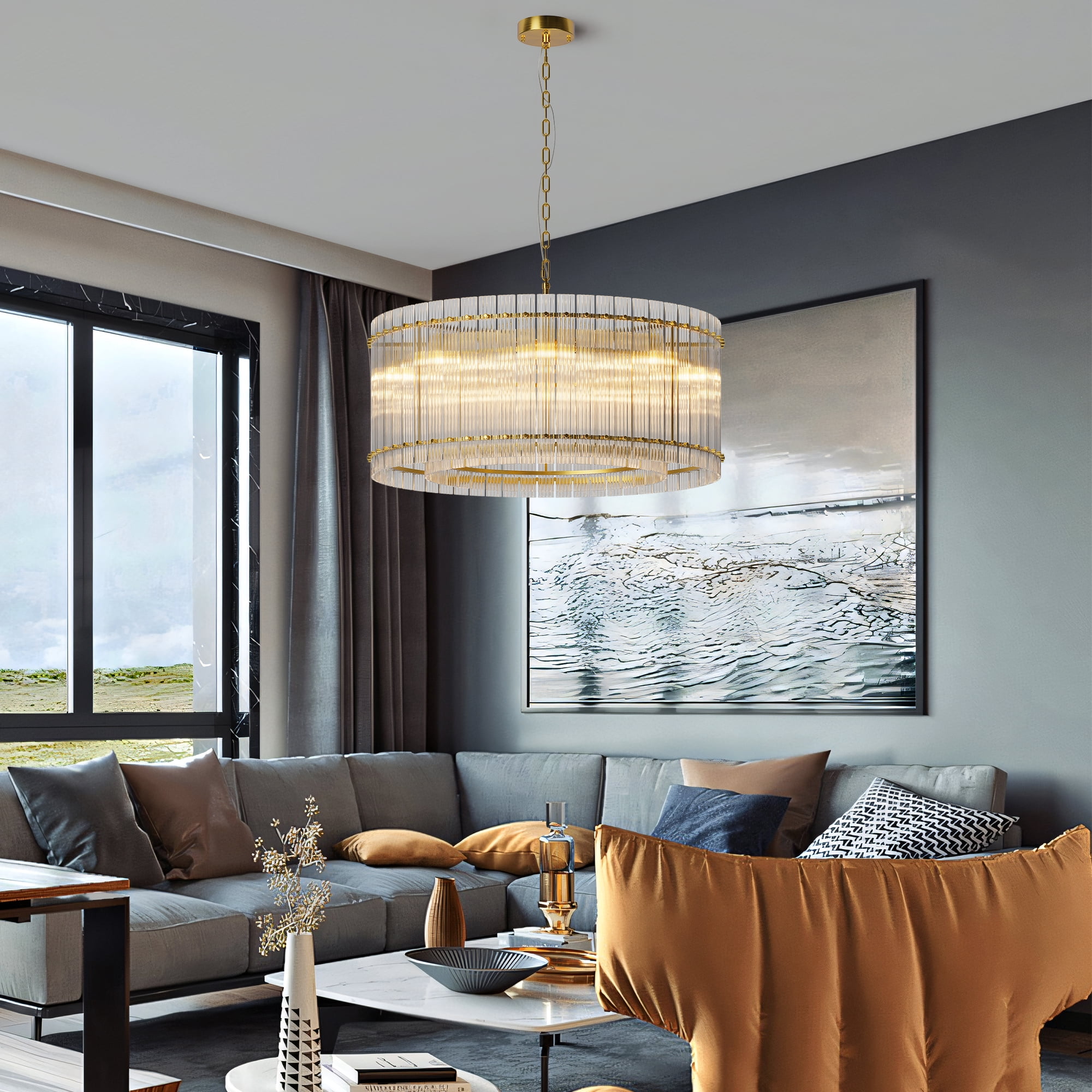 Modern Round Crystal Chandelier - 37 Inch 8-Light Black Water Ripple Design For High Ceilings - View #4