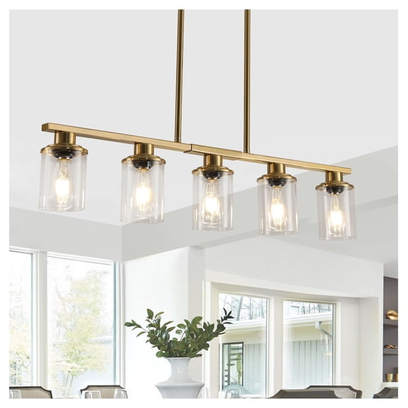 37" Modern Industrial 5-Light Chandelier with Clear Glass Shades, Golden Metal Frame Hanging Ceiling Light Fixture for Dining Room, Kitchen Island, Living Room (No Bulbs)