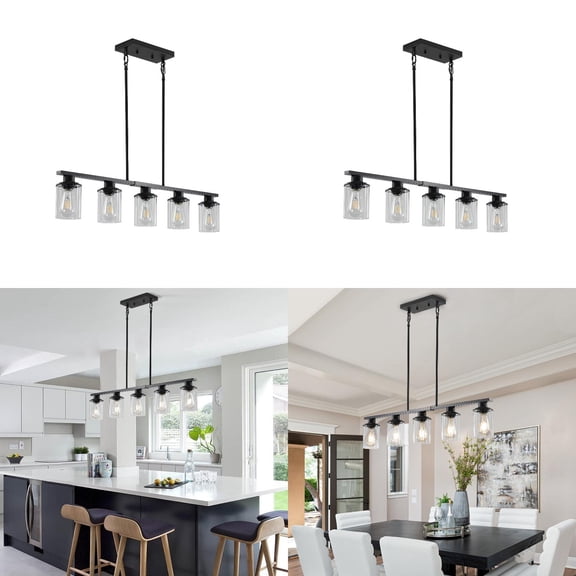 37” Modern Industrial 5-Light Chandelier with Clear Glass Shades Matte Black Metal Frame Hanging Ceiling Light Fixture for Dining Room Kitchen Island Living Room (No Bulbs)