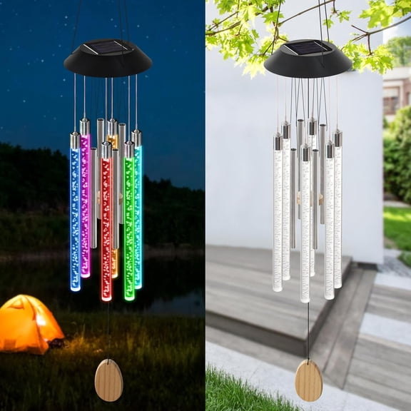 37" Outdoor Solar Wind Chime with 6 Color-Changing LED Tubes, Waterproof Memorial Hanging Decor