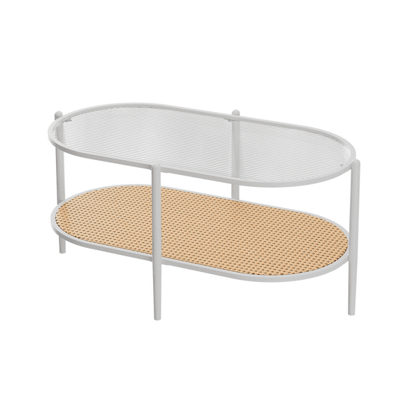 37" Oval Coffee Table, Farmhouse Rattan Coffee Table with Storage Shelf, Metal Frame & Water-Wave Glass Top, 2-Tier Cocktail Tea Center Tables