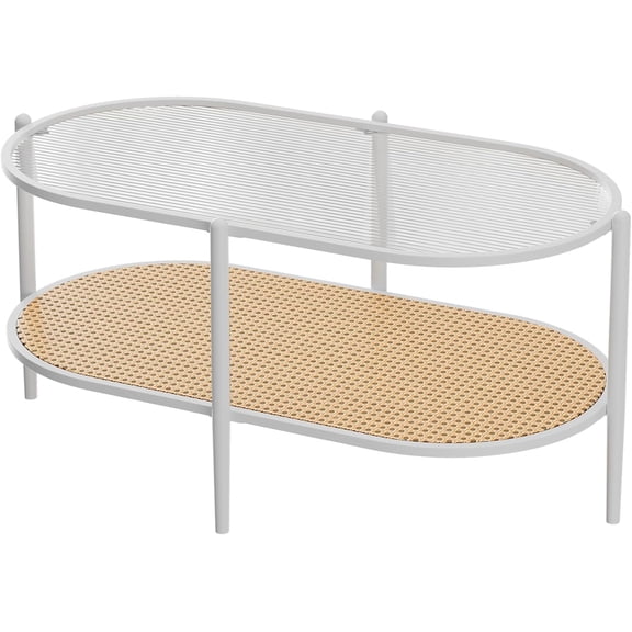 37" Oval Coffee Table with 2-Tier Rattan Shelf & Water-Wave Glass Top, Boho End Table with Metal Frame for Living Room or Office
