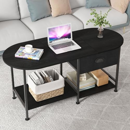 37" Oval Small Coffee Table with Storage,Modern Wood Living Room Center Table for Small Space,Apartment,Home Office,Drawer & Open Shelves,Easy Assembly,Black$$Furniture
