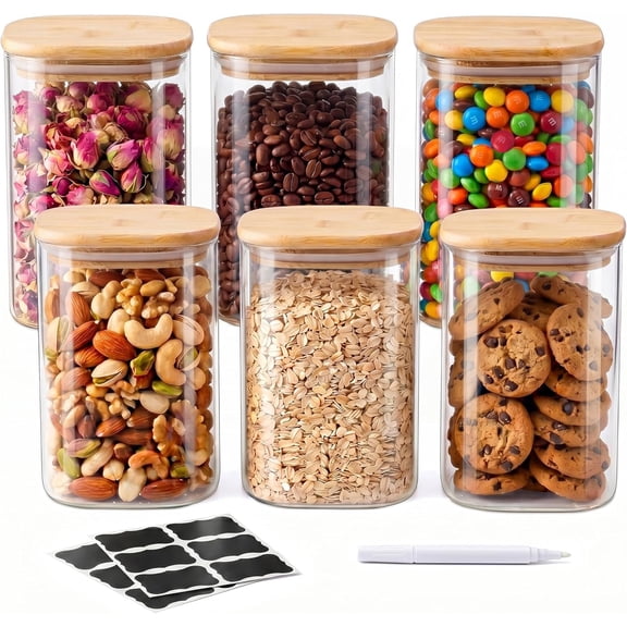 37 Oz Glass Storage Jars with - 6 Pack Clear Glass Canisters Square Airtight Stackable Ideal for Pantry Storage Containers Organizers for Storing Oats Coffee Beans Nuts etc