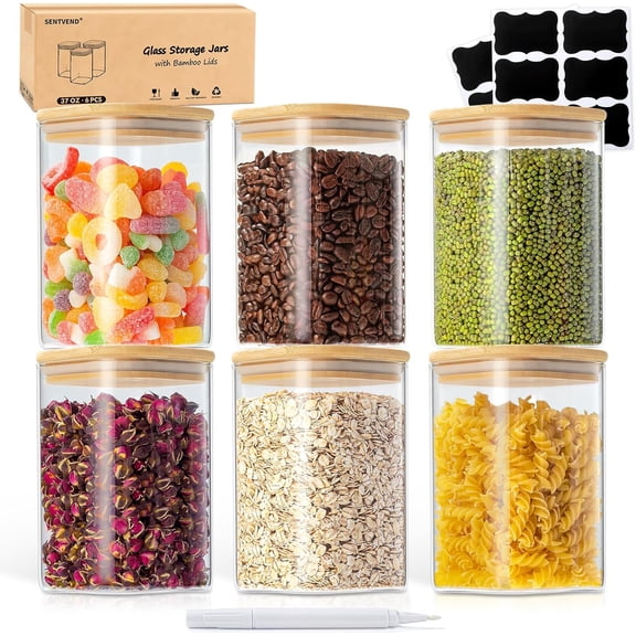 37 Oz Glass Storage Jars with Bamboo Lids - 6 Pack Clear Glass Canisters Square Airtight Stackable Ideal for Pantry Storage Containers Organizers Great for Storing Oats Coffee Beans Nuts etc