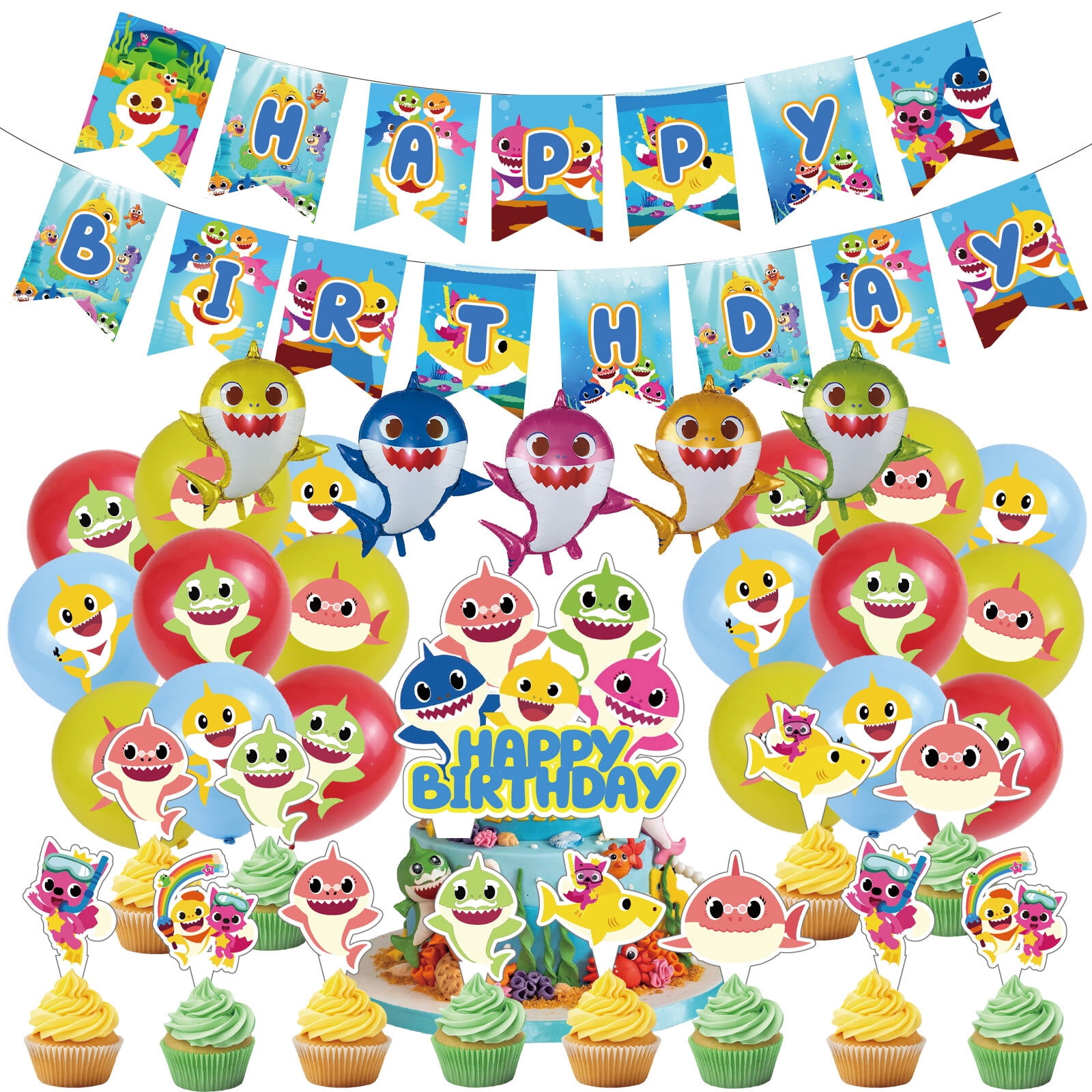 37 Pcs For Baby Shark Theme Birthday Party Decorations,With 1 Happy Birthday Banner Garland,18 Balloons,5 Aluminum Film Balloon,13 Cupcake Toppers for Party Decorations