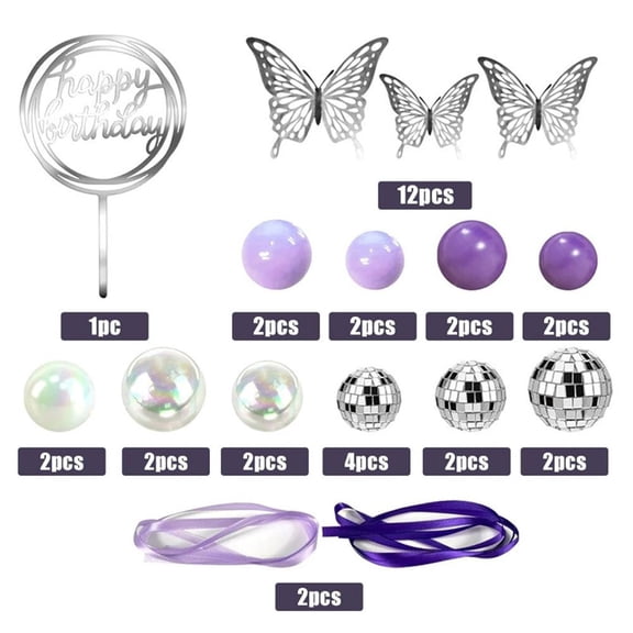 37 Pcs Ball Cake Topper Decor, Cake Decorations With Mini Silver/Purples Disco Ball,purples Ribbons,butterfly Ornament, for Romantic Wedding Baby Shower Birthday Party Celebrations