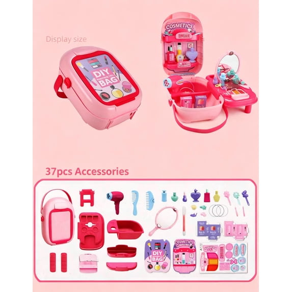 37 Pcs Beauty Salon Pretend Play Toys, Kids Girls Role Play Makeup Suitcase Playset with Hair Dryer Mirror Accessories, ABS Plastic Educational Dress Up Toy for Girls Ages 3+ Indoor Play Supplies