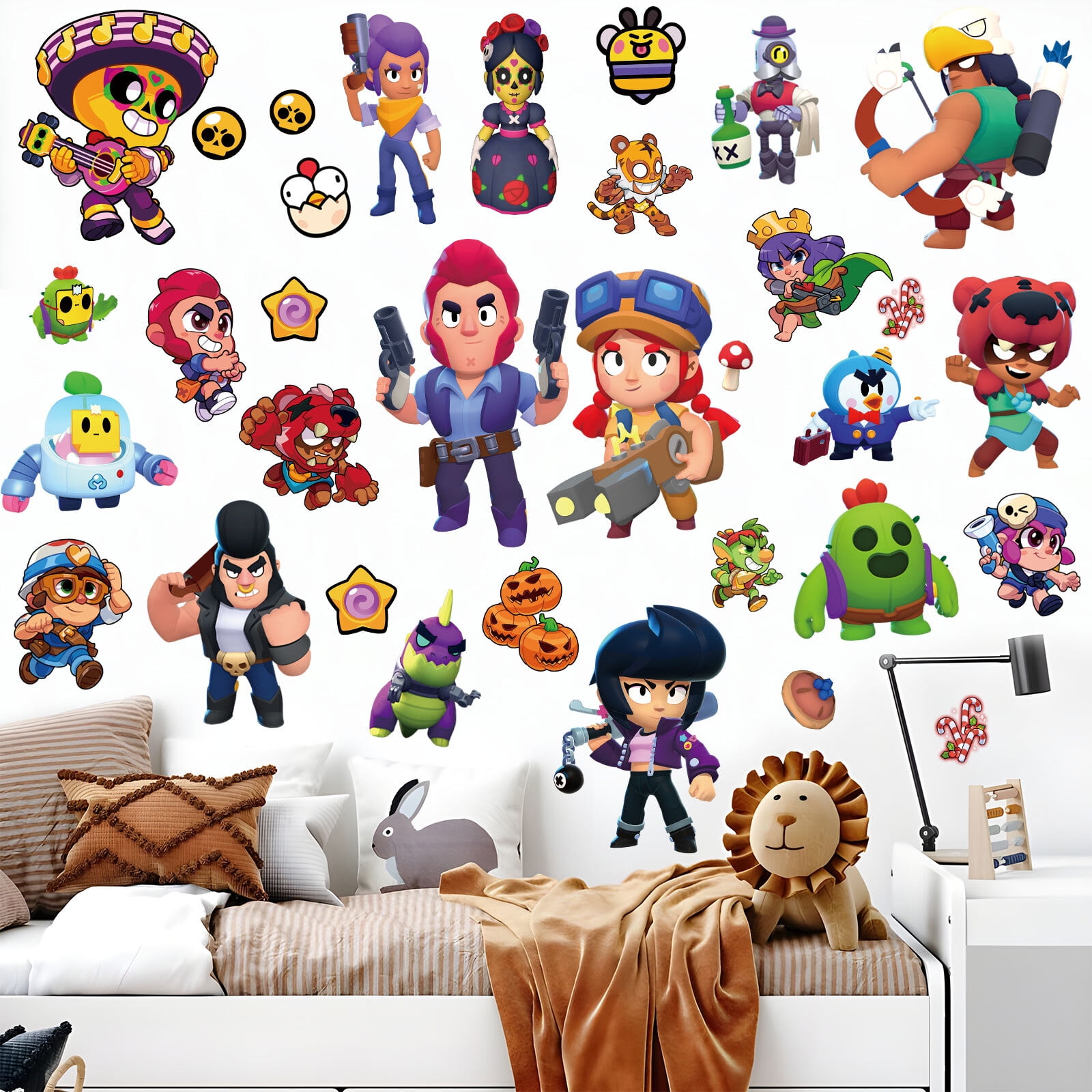 37 Pcs For Brawl Star Theme Wall Stickers  Cartoon Character PVC DIY Removable Wall Decals for Boys Girls Bedroom, Living Room, Playroom Decor, 9.84x17.72 Inch, 4 Sheets/Set