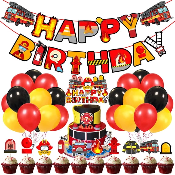 37 Pcs Fireman Combo, Firefighter Theme Selfie Props, Fire Truck Birthday Party Supplies, Fire Fighter Photography Backdrop Decorations,Paper Banner,Cake Topper,Cup Cake Topper,Balloon