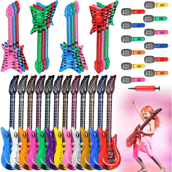 37 Pcs Inflatable Rock Star Instrument Set for Props Party 12 Blow up Guitar 12 Inflatable Microphone 12 Bass with a Pump for 80s 90s Themed Birthday Party Favor Karaoke Decorations