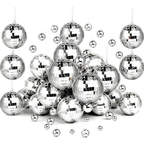 37 Pcs Mini Disco Mirror Ball Ornaments, Silver Ball, Fun Hanging for Party Decoration, Christmas Tree Ornaments Cup Toppers Wedding Birthday Festive Dance