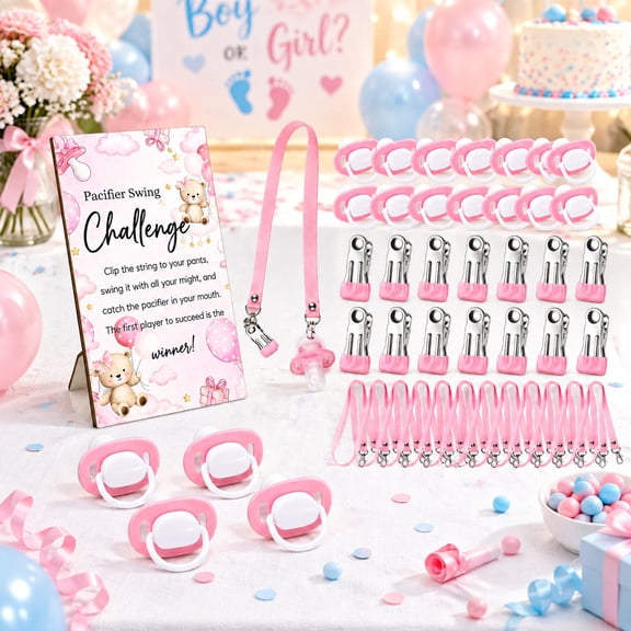 37 Pcs Pink Swing Pacifier Baby Shower Games Kit, Wooden Bear Sign, Plastic Pacifiers, Wide Mouth Clips and Lanyards for Shower and Gender Reveal Parties