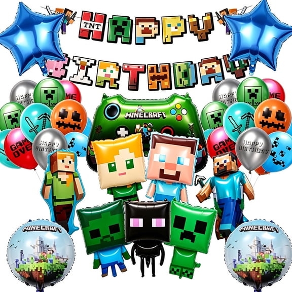 37 Pcs Pixel Miner Birthday Decorations, Mining Theme Happy Birthday Banner with Balloons, Video Game Large Foil Balloons Party Supplies
