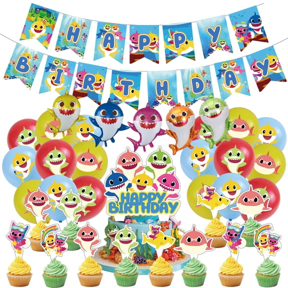 37 Pcs For Shark Cartoon Theme Birthday Party Decoration Set,Includes Banner,Cake Topper,12 Cupcake Toppers,5 Aluminum Film Balloon,and 18 Balloons for Party Supplies Set