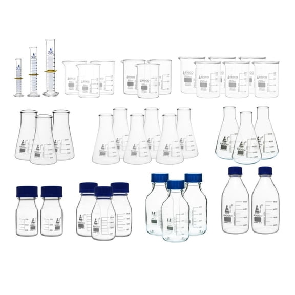 37 Piece Lab Starter Kit - Borosilicate Glass Beakers, Reagent Bottles, Graduated Cylinders, Conical Flasks - Autoclavable & Reusable Labware for Science Labs, Chemistry, Biology, Educational Use