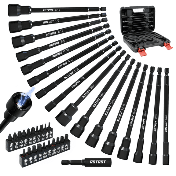 RDTRDT 37 PCS Magnetic Impac Nut Driver Set, impact driver bit set, Metric & SAE Strengthened magnetic retention, easier screw pickup, impact-driver use, repeated-use fastening, multi-size set