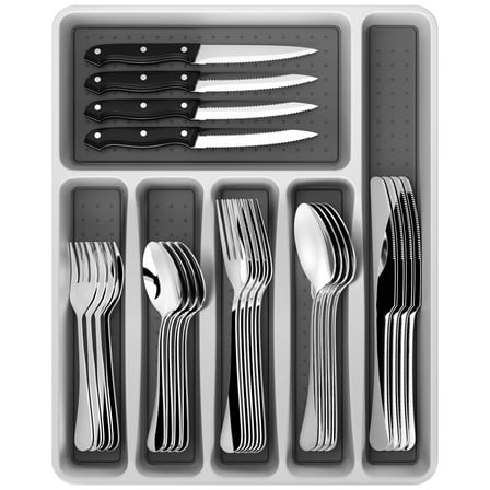 GPED 37-Piece Silverware Set with Organizer, Heavy Duty Stainless Steel Flatware Set Service for 6, Cutlery Set with Steak Knives, Mirror Polished, Dishwasher Safe, Silver