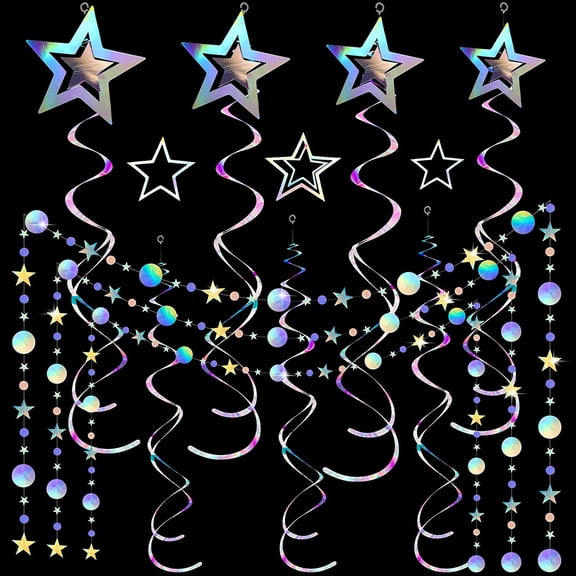 37 Pieces Iridescent Holographic Party Decorations Glitter Swirl Streamer Galaxy Garland Hanging Bling Star Supplies Circle Dot for Wedding Disco Birthday