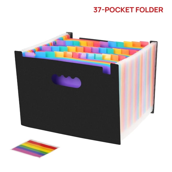 37- Pocket Expanding File Folders for Paper Receipts, Bills&Taxes Organizer, Letter/A4 Size Document Holder for School, Office, Home with Colorful tabs- Black