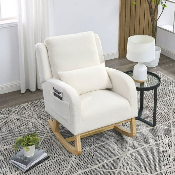 37" Polyester Fabric Butacas Para Sala Couch, Comfy Small Chair with Rocking Function, Reading Nook Chair with Side Pockets for Living Room, Reading Nooks, Ivory