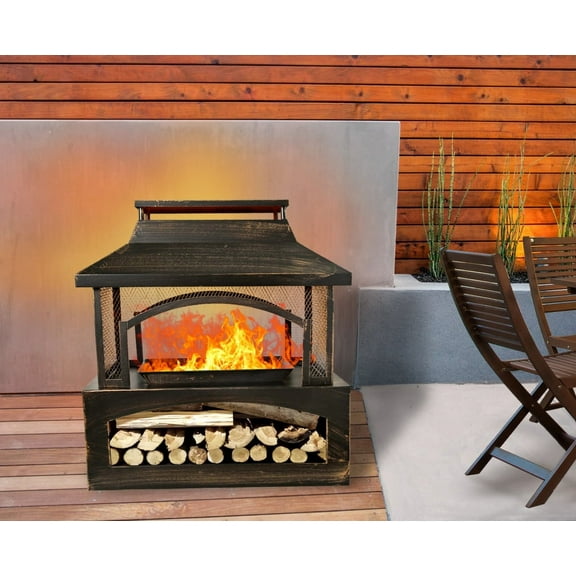 37" Rectangular Steel Outdoor Wood Burning Fireplace - Outdoor Fireplace with Adjustable Cooking Grill & Log Storage Compartment - Camping Fire Place with Safety Screen and Poker