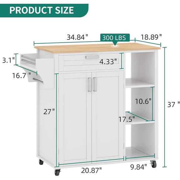 37" Rolling Kitchen Island Cart with Storage, Butcher Block Island on Wheels, Mobile Kitchen Storage Carts with Shelves & Spice Rack, White