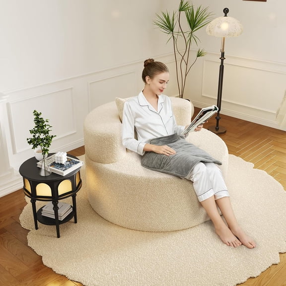 37" Round Lounge Chair with Pillow, Flannel Comfy Sofa Modern Accent Chair for Living Room Bedroom Reading Nook, No Assembly Boneless Cloud Couch Floor Chair (White)