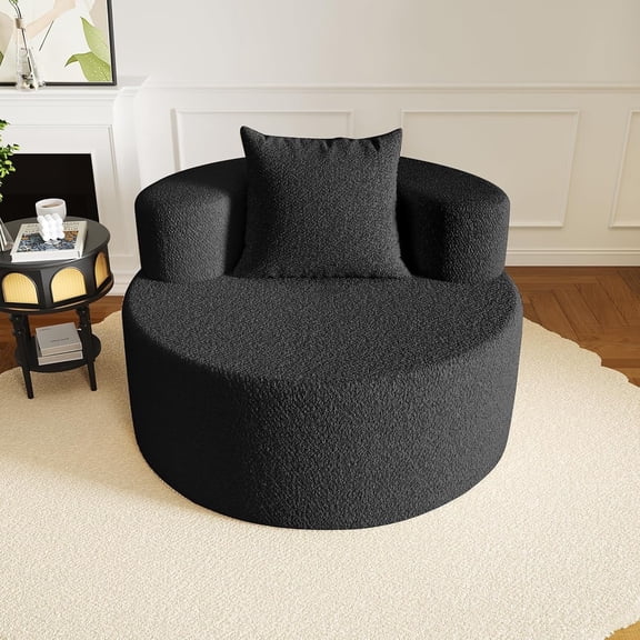 37" Circle Cloud Chair with Pillow, Boneless Sofa Chair Flannel Fabric Modern Accent Chair for Reading Nook, Bedroom, No-Assembly (Black)