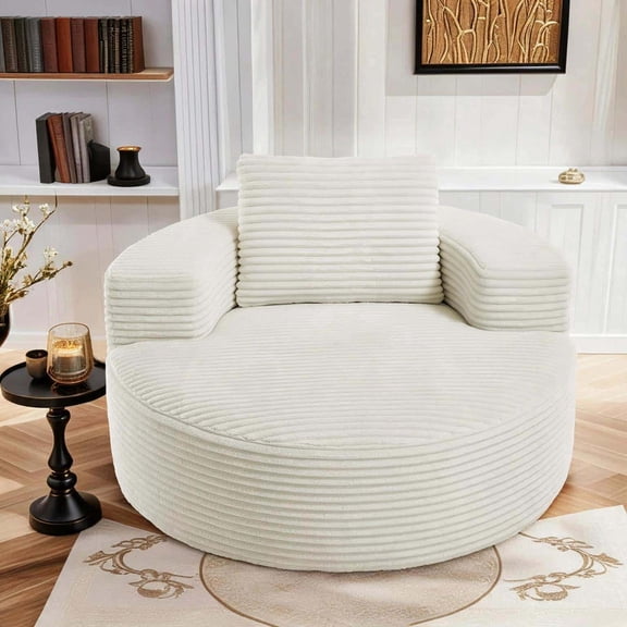 37" Round Boneless Chair with Pillow, Beanbag Cloud Sofa Flannel Fabric Modern Accent Chair for Reading Nook, Bedroom (White)