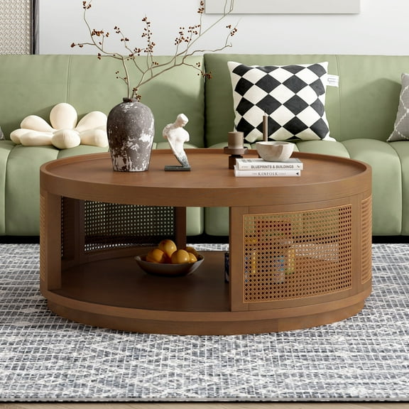 37'' Round Coffee Table, Modern PE Rattan Wooden Center Table with Storage Shelf, 2-Tier Solid Wood Round Boho Cocktail Table for Living Room, Brown