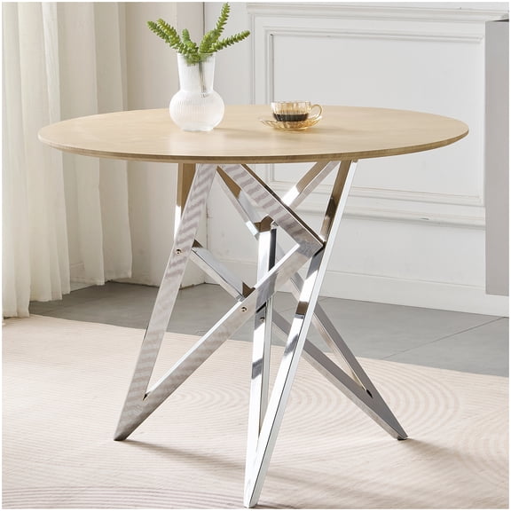 37" Round Dining Table for Small Space, Silver Metal Base, Wood Texture Top, Modern Kitchen Table Sets for 2-4 People