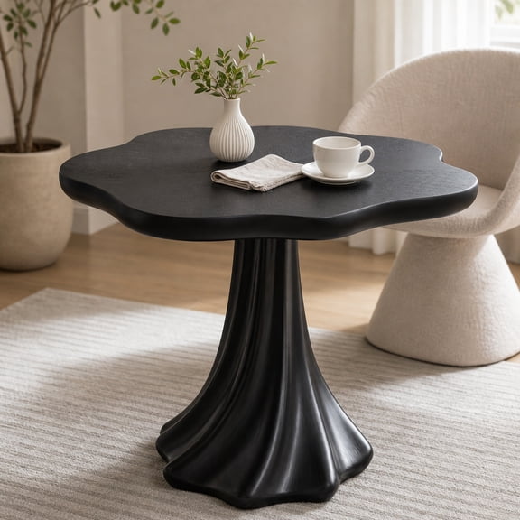 37" Round Modern Dining Table, Black Flower Shape Top Table with Twisted Pedestal Base, Fiberglass Dining Table for 2-4 People