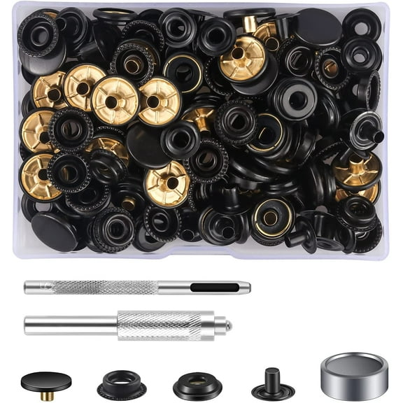 37 Sets Press Studs Cap Button, Stainless Steel Snap Fasteners Kit with Hand Fixing Tools, Instant Metal Buttons No-Sew Clips Snap for Bags, Jeans, Clothes, Fabric, Leather Craft(Black)